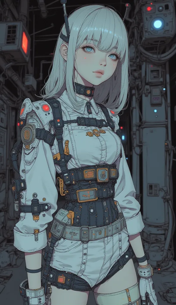 Close up of a person wearing a robot arm and shirt, dark room , pixiv contest winner, Neo-Dada, cute cyborg girls,  anime manga robot !! anime girls, cyborg - girls, Three white-haired and blue-eyed Okada soldiers standing in a completely robotic!! girls, ...