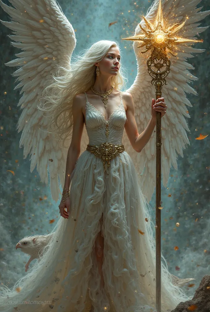 A standing woman with star headed weapon, A winged figure, beautiful, white-brown skin