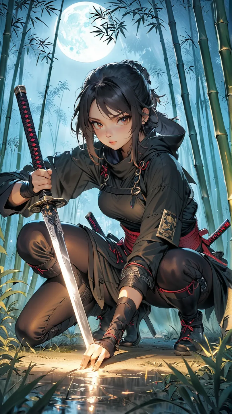 A beautiful illustration, a beautiful female ninja, the moment she draws her sword
Pose: She is on one knee, drawing her sword and giving a sharp look.
Background: She is standing in a bamboo forest under the moonlight. The mist creates a fantastical atmos...