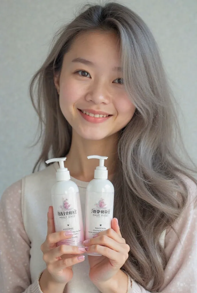 A girl in her 20s with long hair in her 20s with a going gray color. It's so beautiful to see them taking a photoshoot with a slight smile as if they were shooting a video. Both hands are holding transparent lotion bottles with the Power Support logo. 