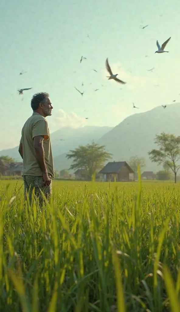 final, wide shot of 40 years old Indian Ramu standing in his lush field, looking at the horizon with hope. The village in the background represents a new future, and birds flying in the sky symbolize freedom and success.