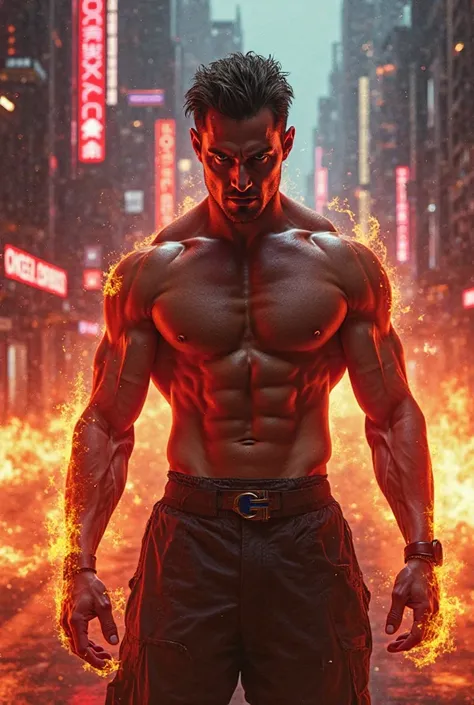 обложка для песни Feel the Heat (Fuego)high quality,8K,masterpiece,photo-realistic,cinematic,dramatic lighting,hyper detailed,vibrant colors,futuristic,dramatic atmosphere,muscular male figure,intense expression,glowing fire effects,cityscape background,ne...