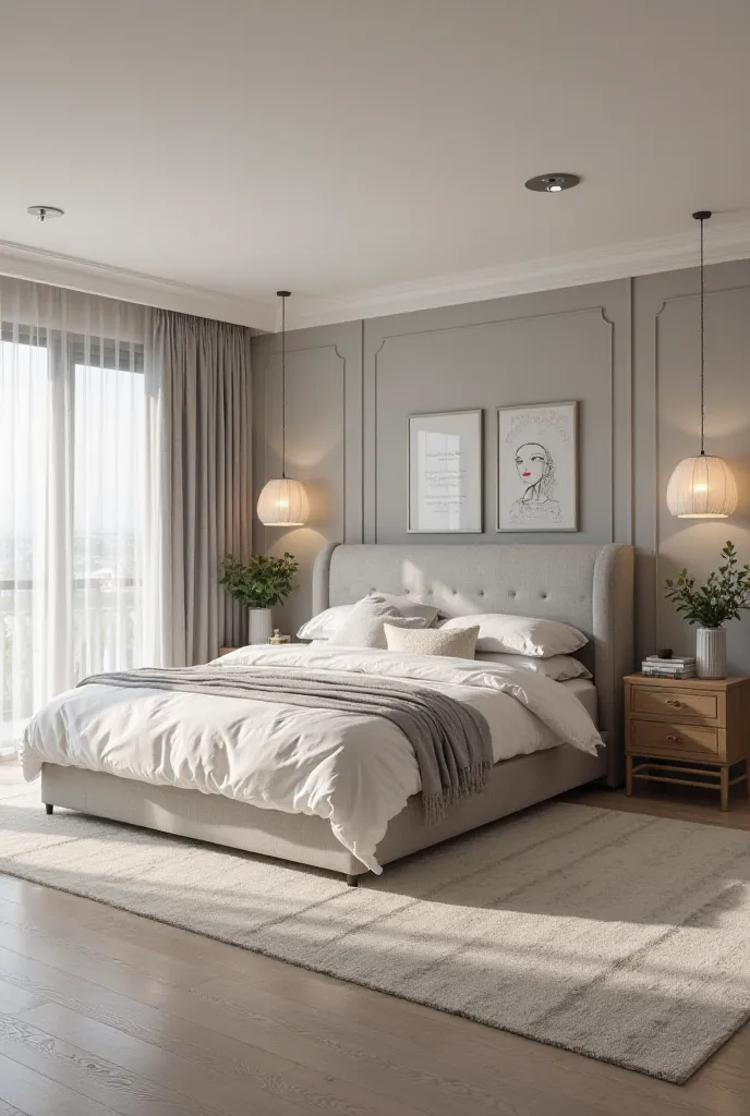 Master bedroom 17m square with upholstered gray headboard, 2 light gray walls, window facing the bed