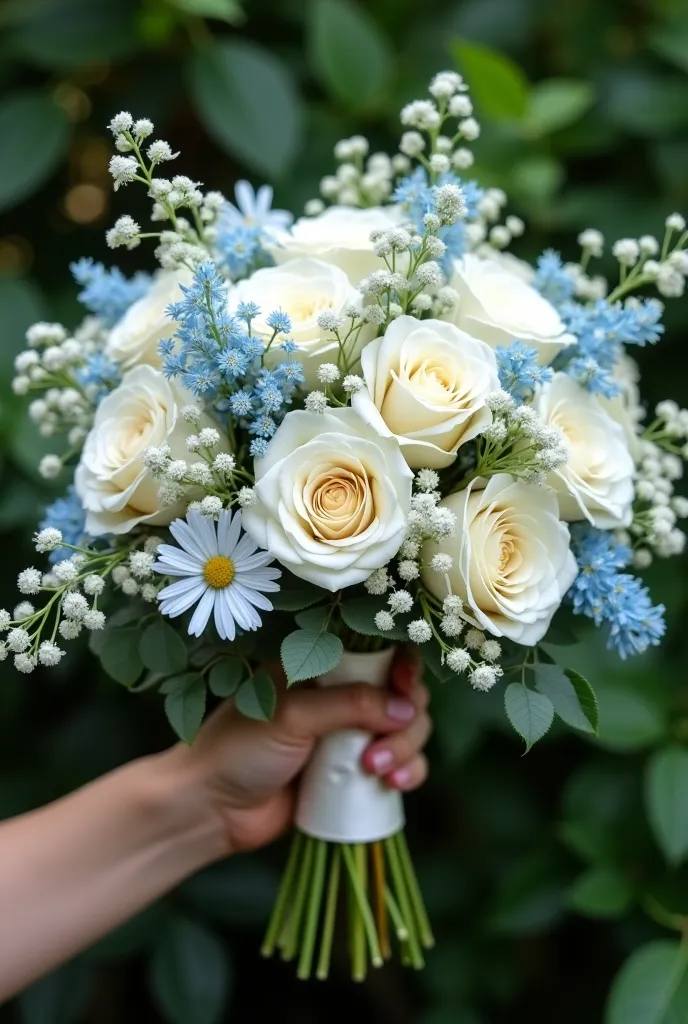 A wedding bouquet of flowers with white roses, daisies and blue baby’s breath Real 