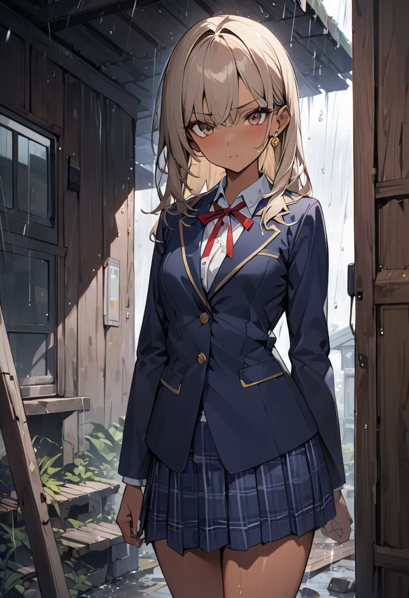 ((greatest masterpiece,Ultra High Quality:1.2)),(super resolution),(solo),cowboy shot,rain,Slender, small-breasted high school girl standing in an abandoned hut,beautiful face, healthy tan skin ,Light brown long hair,Perfect brown eyes, serious expression,...