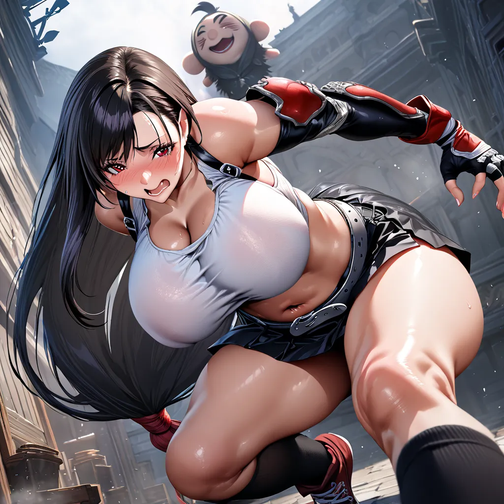 Tifa Lockhart, Final Fantasy, puppet,black hair,long hair tied low,red eyes,bangs,white tank top,belt,pleated skirt,knee socks,elbow fingerless gloves,elbow pads,abdomen,navel,suspender skirt,(embarrassed expression),chubby,8k,beautiful,best quality,detail...