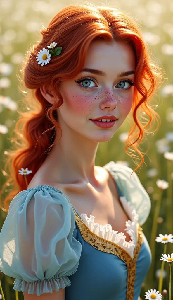 A realistic portrait of a 25-year-old woman with red hair in soft waves and a small, a single pretty daisy in her hair, with big blue eyes and freckles on the cheeks and nose, gentle look at the viewer, open lips ,  small nose , she wears an azure and gold...