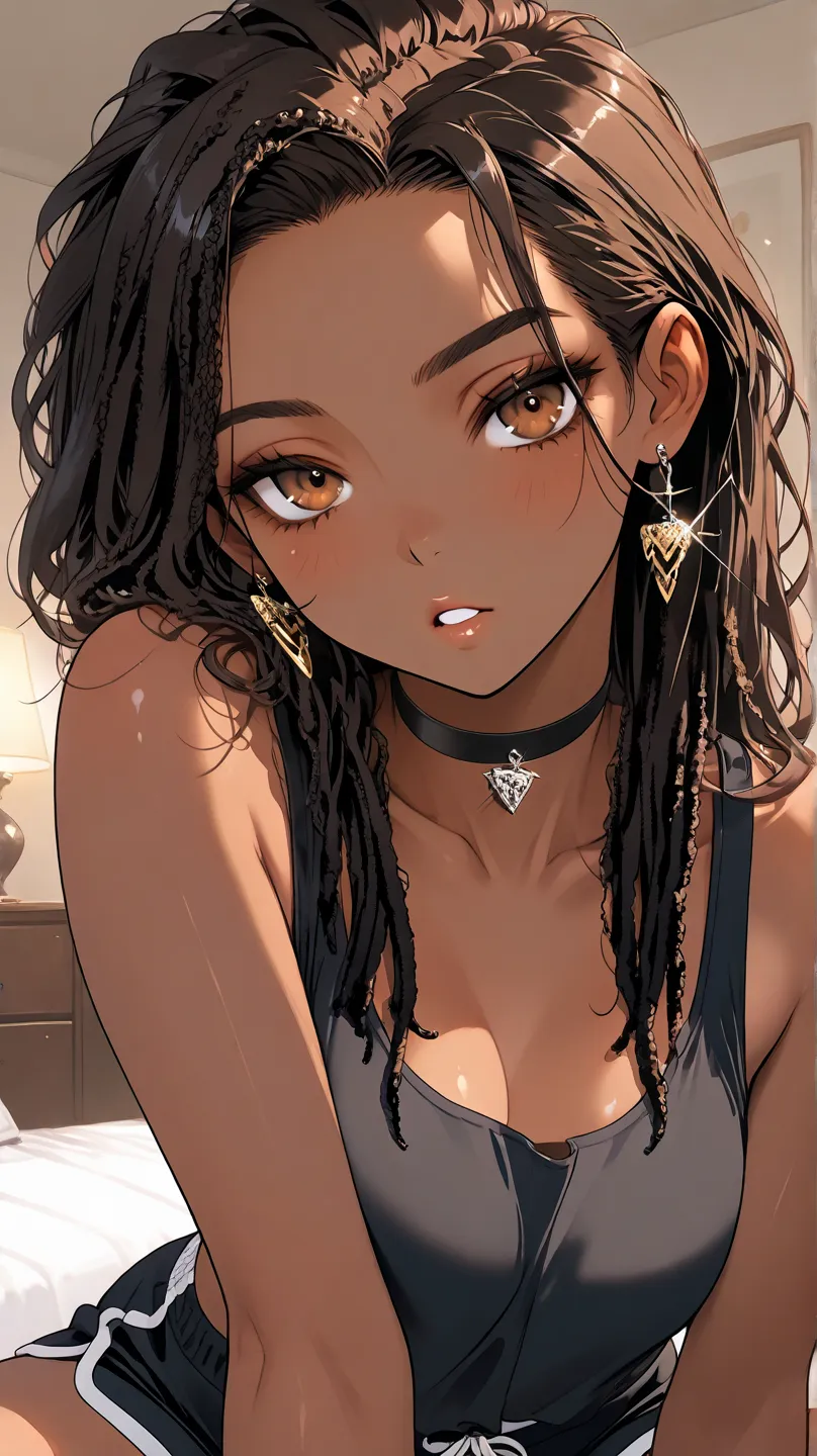 1Girl, Mature, Ebony, African American, Dark Brown Skin, Jet Black Dreadlocks, Shiny Hair, Bright Brown Eyes, Dark Brown Eye Shadow, Medium Chest, Black Tank-Top, Black Dolphin Shorts, Black Choker, Looking At Viewer, Bored, Teeth, Parted Lips, Glint, Sass...