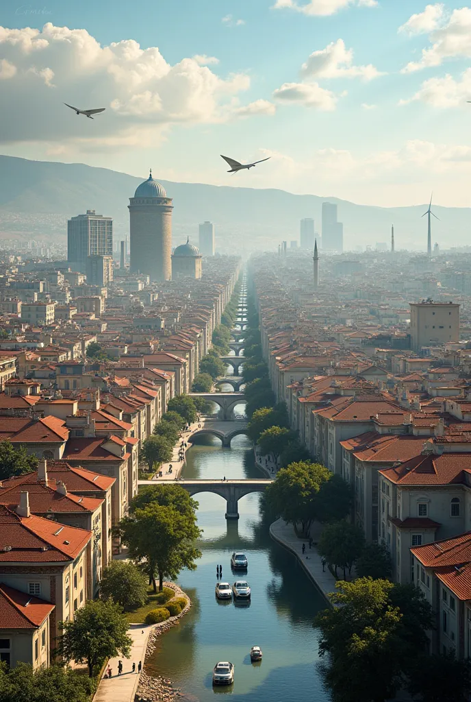 Cityscape and Architecture:

Combination of Modern and Traditional: Konya, traditional Seljuk architecture combined with AI-powered transportation systems and modern structures. Historic structures such as Alaeddin Hill and Mevlana Tomb, and could have bec...