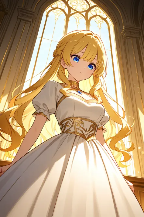 A mesmerizing close-up poA girl with long, wavy blonde hair wears a luxurious princess dress with short puffed sleeves, sky blue on the sides and white in the center. She walks down a hallway in a luxurious palace with windows on one side, looking down. Th...