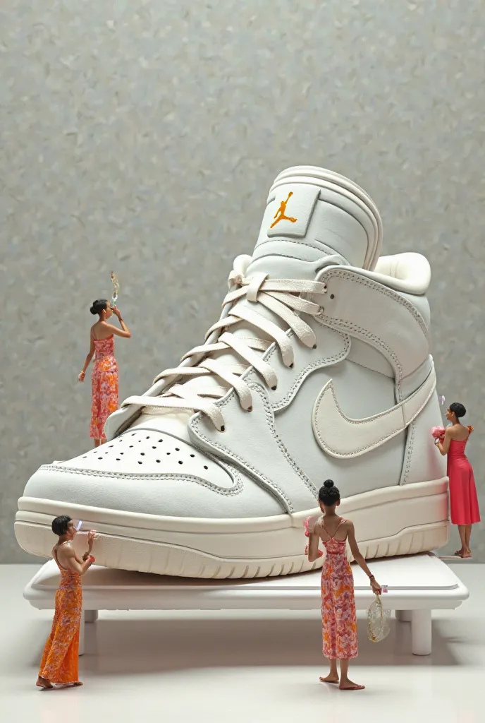 . Create an image of a clean gray Nike Air Jordan sneaker on an aesthetic table, and micro-humans in beautiful clothes, walk on it with their rags and small brushes and wipe this sneaker