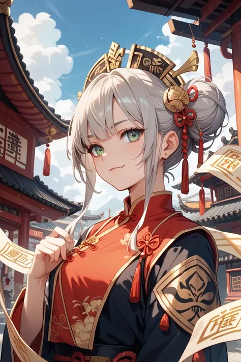 Computer graphics, nostalgic youth, wrapped in gray clouds and golden threads, with ancient Chinese buildings behind, the beauty holds a green-faced fang mask covering half of her face, with a golden rune on her upper body, the beauty wears Hanfu, a bull h...