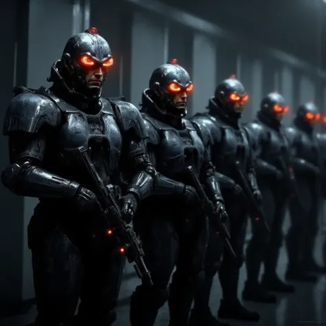 Futuristic senior officers in massive black and matt high-tech armor and exoskeleton(with rare red diodes),  Their helmet is designed in a high-tech style with a protective thin scarlet visor and built-in infrared sensors and pointed ears, they are holding...