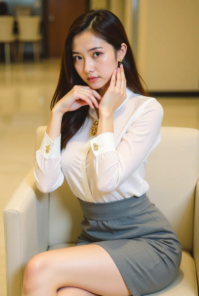 a young woman seated on a light-colored chair in an indoor setting, likely an office or lounge. She has long, dark hair styled neatly, and her expression is poised and confident. She is dressed in a professional yet stylish outfit, consisting of a white bl...