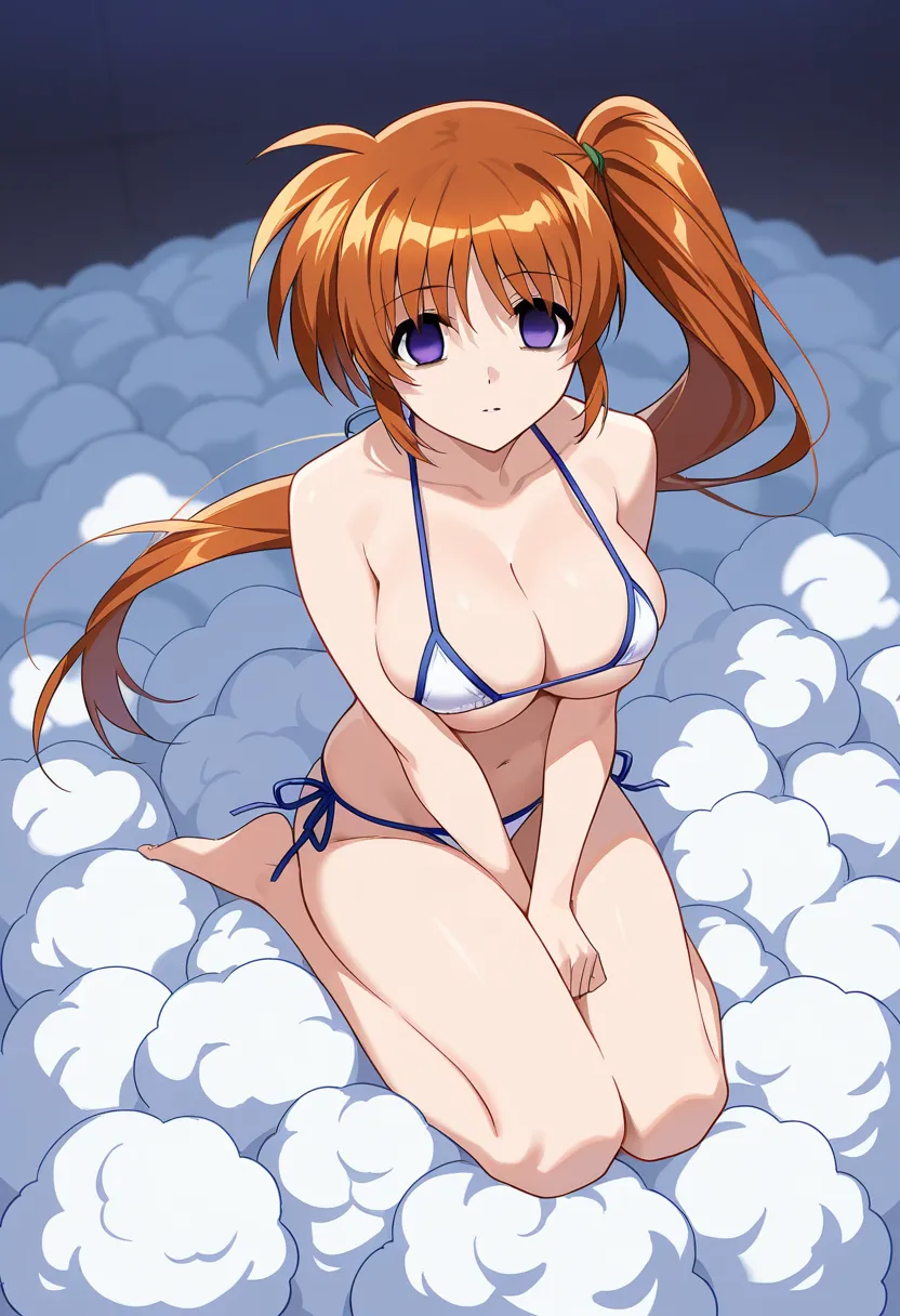 Sheep and pile of wool felt , ,Wind,,。 ,, large breasts,     takamachi_Nanoha, side Ponytail, orange hair、 long hair, purple eyes,,  empty eyes, micro bikini for puffy,  alone, full body, 