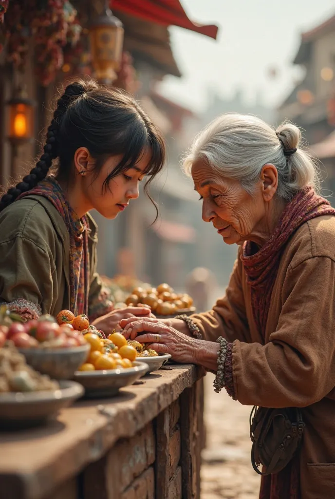 A picture of a  helping an old woman carry a stand. I will put it in a story for ren