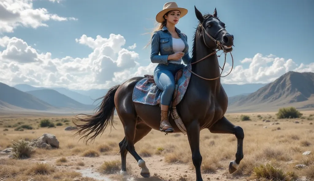 A fearless woman over 40 rides a powerful black stallion across the open plains, her unbuttoned denim jacket billowing in the wind. She wears a frayed denim skirt and knee-high leather riding boots, her hands gripping the reins tightly. A wide-brimmed cowb...