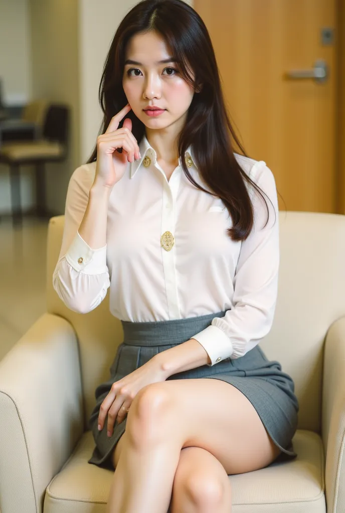 a young woman seated on a light-colored chair in an indoor setting, likely an office or lounge. She has long, dark hair styled neatly, and her expression is poised and confident. She is dressed in a professional yet stylish outfit, consisting of a white bl...