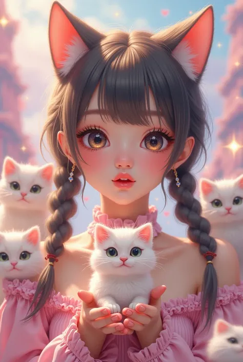  Lori Fashion、Pastel surreal pop equipment、Princess Neko Ears、Innocent Eye、Golden eyelashes、Gloss Lip、Duck mouth、Hold out a miniature cat with both hands、wig hair、braid twin、cat pose for everyone、Happy girlfriend surrounded by cheerful cats、art、 model、{Mor...