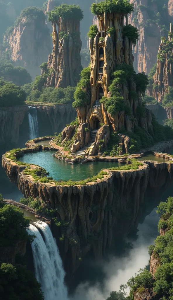 Floating Island　 Fantasticな天空の城ラピュタ　Iguazu Falls　 Beautiful Hanging Gardens with Towers 　 Ancient Atlantis　Mysterious　 Fantastic　 Crystals　HUGE ANCIENT CITY 　lake　forest　Towers stand side by side　 File Fantasy 14  