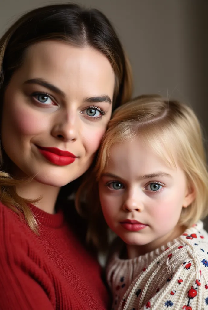 A beautiful mother of Scandinavian origin carrying her daughter of age 4. Both wearing red hot lipstick. Both staring at the camera. 8K resolution and quality.