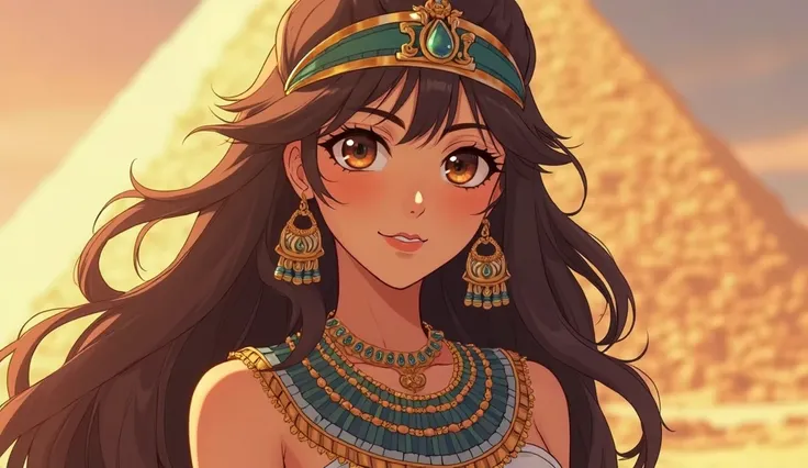 A Cleopatra girl wearing a pharaoh necklace with long wavy brown hair, brown eyes, a long necklace and earrings, In the style of desert landscapes Egypt Oasis Piramid, anime style, estilo genshin impact