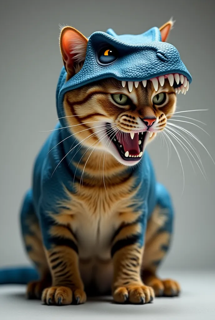 A real cat is angry and fierce wearing a t-rex costume on its head with a blue backside