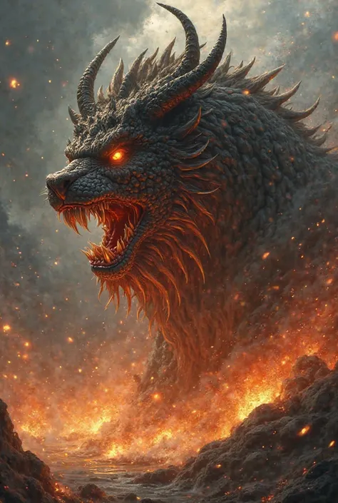 his mouth filled with row upon row of fierce teeth.
 His pride is invincible; 
The thickest and toughest of hides, impenetrable!
Comets pour out of his mouth, fireworks arc and branch. Smoke erupts from his nostrils l
 He blows and fires blaze; flames of f...