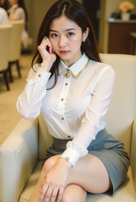 a young woman seated on a light-colored chair in an indoor setting, likely an office or lounge. She has long, dark hair styled neatly, and her expression is poised and confident. She is dressed in a professional yet stylish outfit, consisting of a white bl...