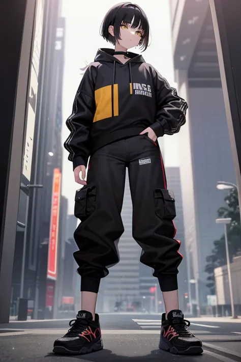  High Resolution,  boyish,   1 girl,  black hair, Sporty shortcuts,  Asymmetric Hairstyles ,  Asymmetrical bangs,   yellow eyes,  There are three circles in the middle of the eye,  Skater Style Street Fashion, slightly oversized bottoms, is standing, futan...