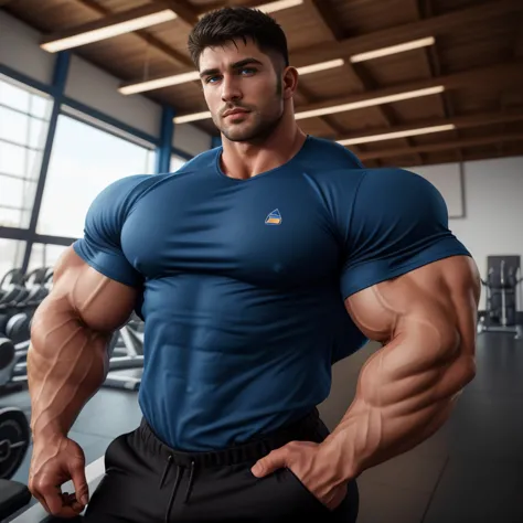 a very handsome young man, chris redfield, big eyes, muscular, huge bíceps, wearing a blue t-shirt, with black pants, standing sideways in a gym, seen close up