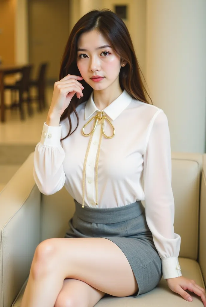 a young woman seated on a light-colored chair in an indoor setting, likely an office or lounge. She has long, dark hair styled neatly, and her expression is poised and confident. She is dressed in a professional yet stylish outfit, consisting of a white bl...