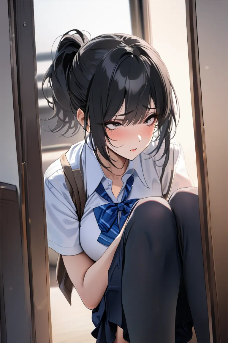 top quality, masterpiece, High Resolution, 8k, (1 girl), Alone, cute, bust shot, (((schoolgirl in uniform with extended knees))), milf, ((( black hair))), (short ponytail), Mature Woman, hanging eye, Dissatisfied face