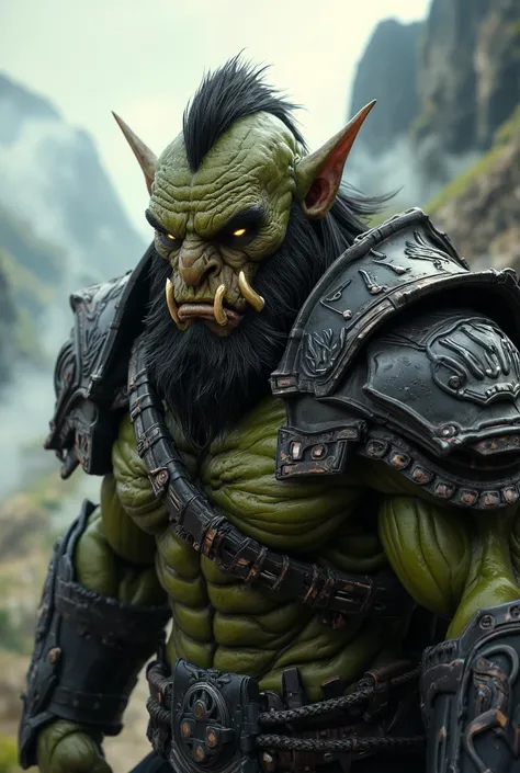 Powerful、 and an intimidating orc warrior is ready for battle 々 looking at viewers with an arrogant expression 。 muscular and greenish skin 、 has sharp glowing eyes 。 has scars on his face 、 sharp fangs sticking out of his lower jaw 。 he is in a complicate...