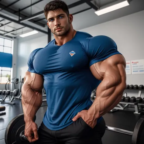 a very handsome young man, chris redfield, big eyes, muscular, huge bíceps, wearing a blue t-shirt, with black pants, standing sideways in a gym, seen close up