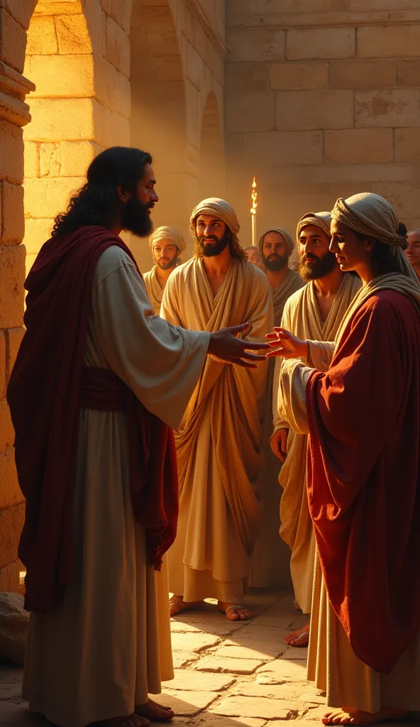 Jesus explains to the disciples (ancient Jerusalem, first century AD):

Jesus gestures toward the widow, saying, 'She gave all she had to live.'
His face is not visible he has his back turned
The disciples look at the widow, their faces expressing realizat...