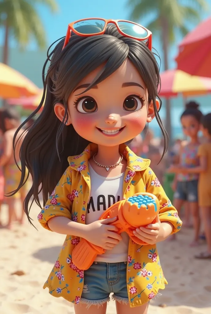 I want a of the whole body of cute 3D cartoon girl with a beautiful face. She is wearing a T-shirt that features the letters "MADI." on the inside, along with a Hawaiian shirt as an outer jacket. She is enjoying the Songkran water festival in Thailand. She...