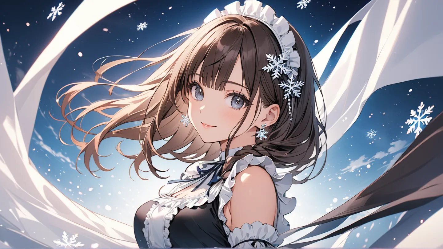 4k , 8k , it is a banner cover style , (only 1 female long straight black brown hair with full bangs dark blue grey eyes), part of long braid hair , ((very long hair)) , wear small snowflake white earrings , novel , manhwa , beautiful woman , very details ...