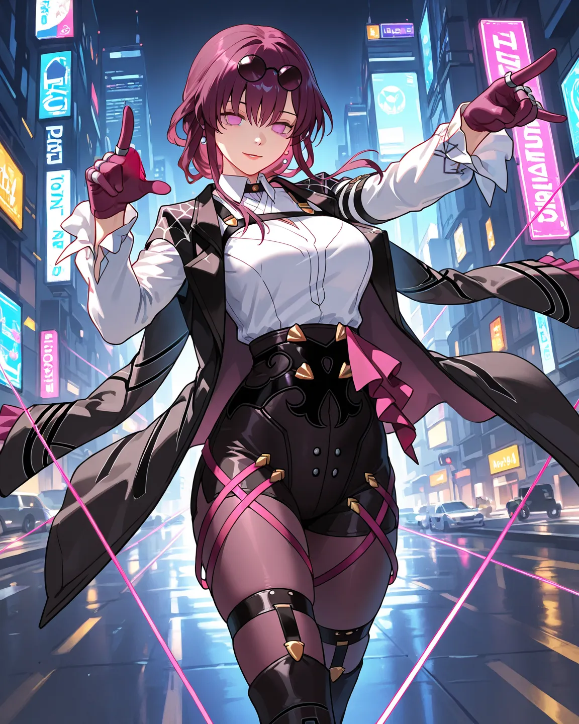 1 girl,kafka(honkaistarrail),honkaistarrail,domination pose,cyber city,medium shot,