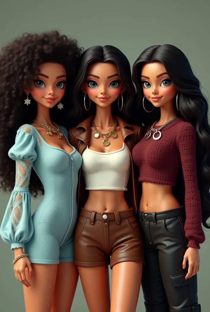 She must be realistic triplets with tanned skin and aqua-green eyes, the first woman must have long black voluminous curly hair and wear a light blue lace dress with long puffy sleeves, a short round skirt and star-colored necklaces, and the second woman m...