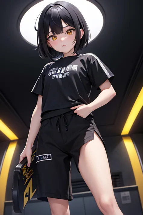  High Resolution,  boyish,   1 girl,  black hair, Sporty shortcuts,  Asymmetric Hairstyles ,  Asymmetrical bangs,   yellow eyes,  There are three circles in the middle of the eye,  Skater Style Street Fashion, slightly oversized bottoms, is standing, futan...