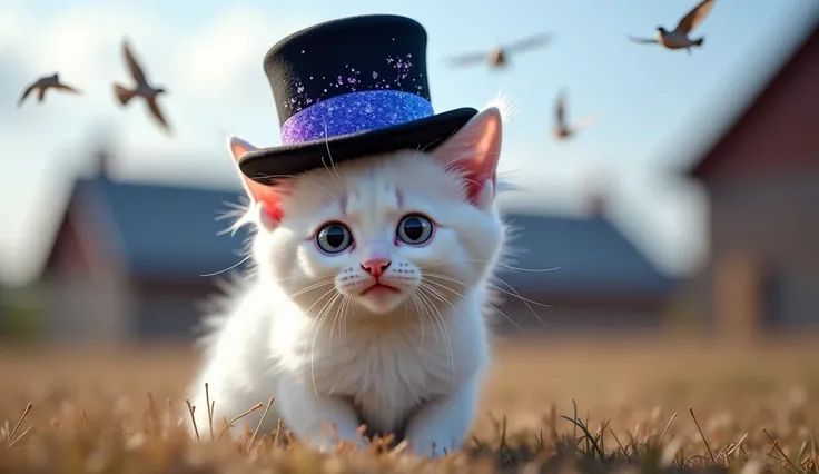 The cute fluffy white baby cat carefully places the black top hat on its head. As soon as the hat touches its fur, a burst of blue-purple sparkles gently swirl around the hat, creating a magical aura. The cat’s eyes widen in surprise, feeling a strange yet...