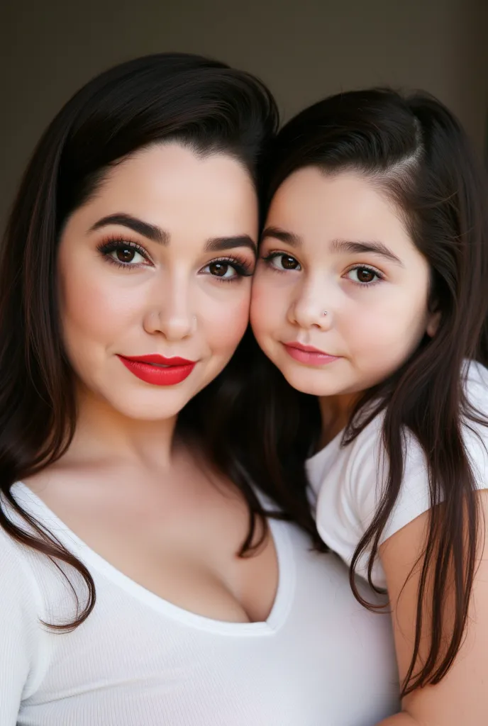 A beautiful mother of Scandinavian origin carrying her daughter of age 4. Both wearing red hot lipstick. Both staring at the camera. 8K resolution and quality.