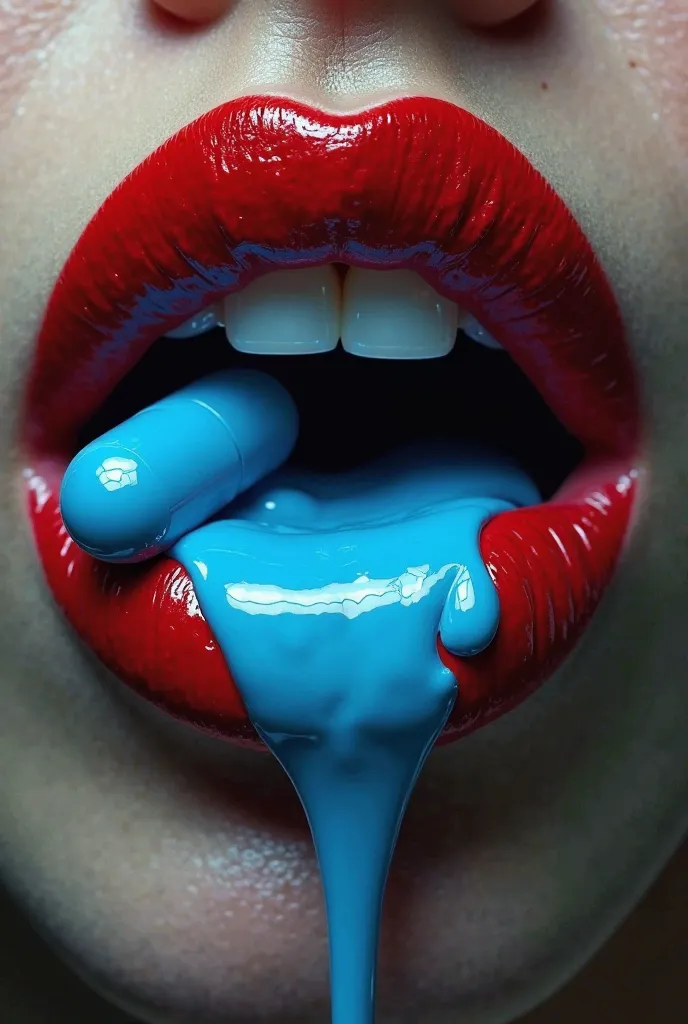 Big red lips hold a broken blue pill with blue liquid flowing out