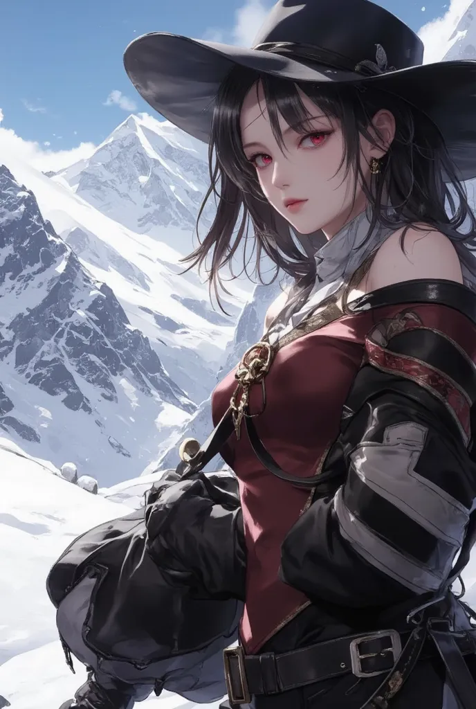 masterpiece, best quality, ultra resolution, young woman, detailed face and eyes, strong and scarlet eyes,  big hat , I'm putting my hand in the ,  carrying a large bag,  Snow Mountain , cowboy shot