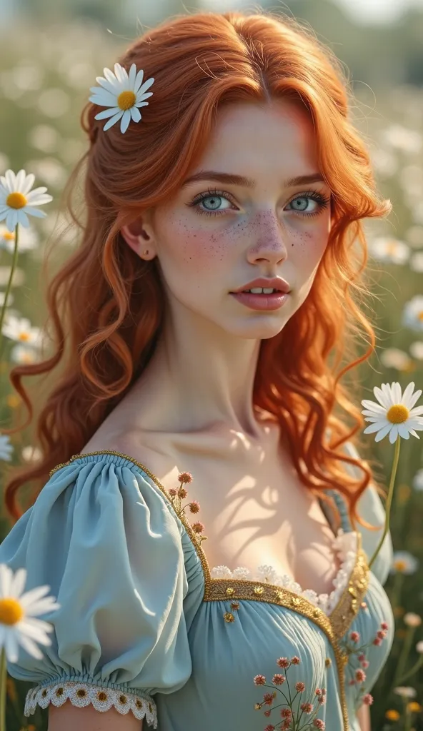 A realistic portrait of a 25-year-old woman with red hair in soft waves and a small, a single pretty daisy in her hair, with big blue eyes and freckles on the cheeks and nose, gentle look at the viewer, open lips ,  small nose , she wears an azure and gold...