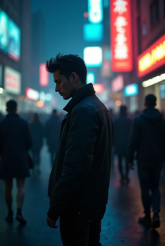 In a crowded city, A figure standing alone among blurred people. He looks at the ground with a melancholy expression. Neon lights give a cold glow to his face, emphasizes solitude. The shadow lying behind, is a symbol of isolation. In the gloomy , A cinema...