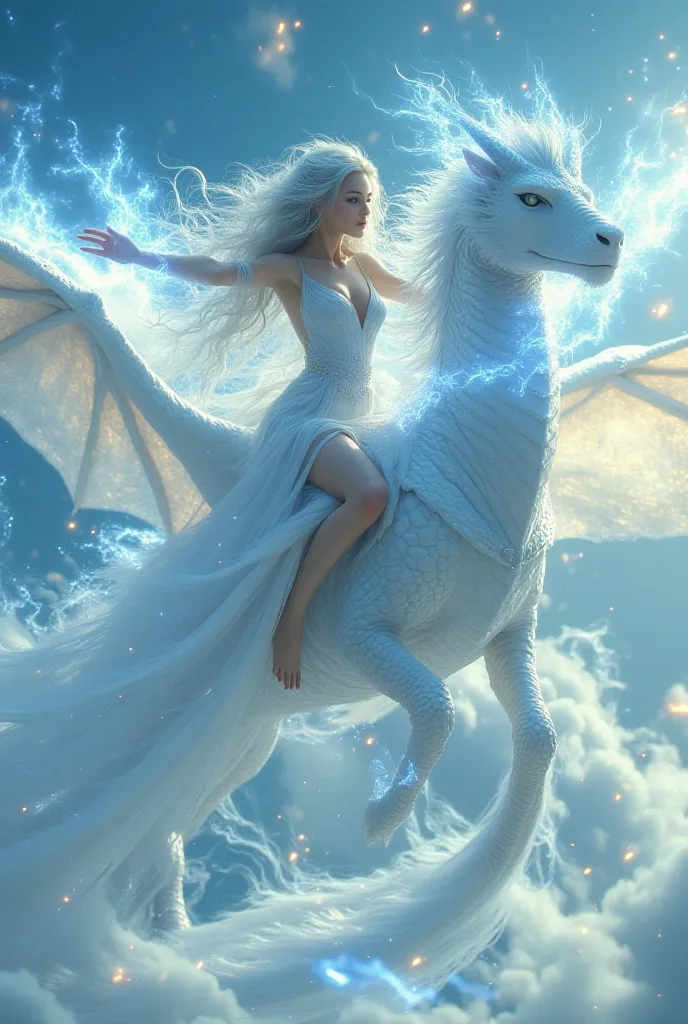 A majestic woman embodying the element of Air soars gracefully through a stunning sky on the back of a sleek, white dragon. Her flowing gown, made of shimmering, translucent fabric with elegant slits that reveal her slender legs, billows in the wind, while...