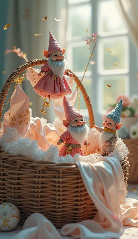 A light and airy scene where a team of tiny gnome tailors is weaving a massive silk ribbon into a beautifully tied bow. The setting is inside a giant wicker sewing basket, surrounded by soft fabric scraps, lace trims, and glittering beads.

A rosy-cheeked ...