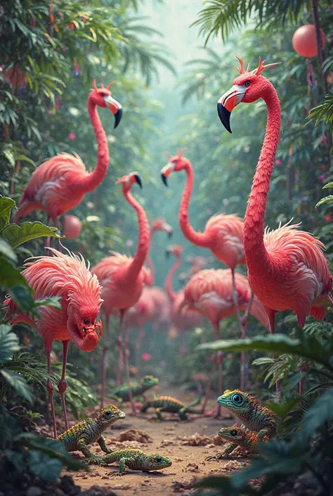 Some angry flamingos at a jungle party with some lizards